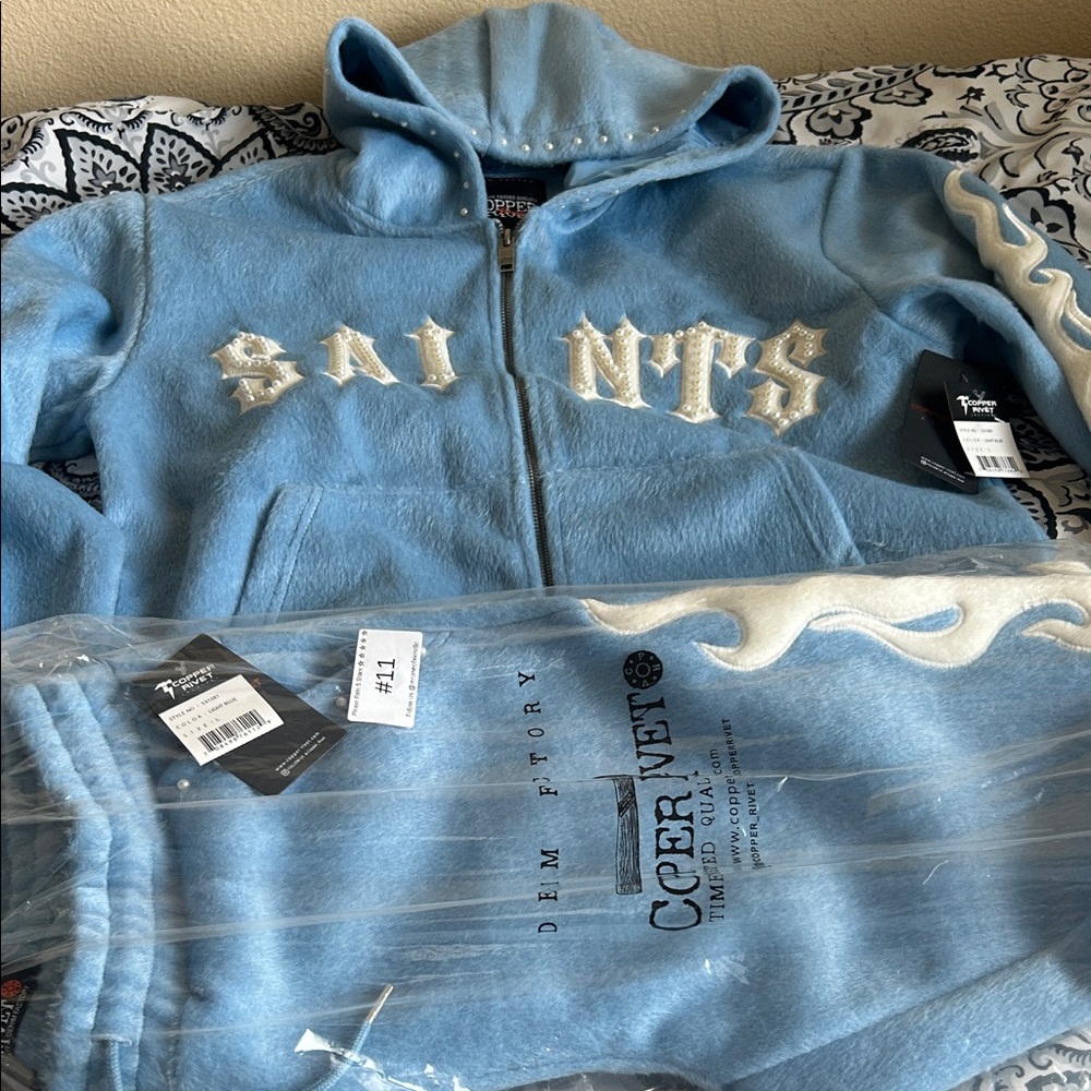 Light Blue men Zip-Up Hoodie Jacket with Pearl Detail and sweats set
